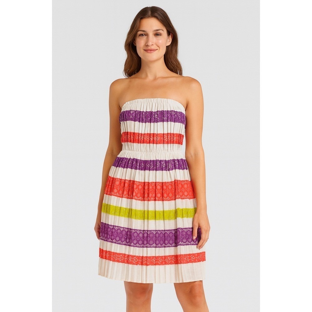 BCBGMAXAZRIA Strapless Pleated Striped Lace‎ Trim Dress XS